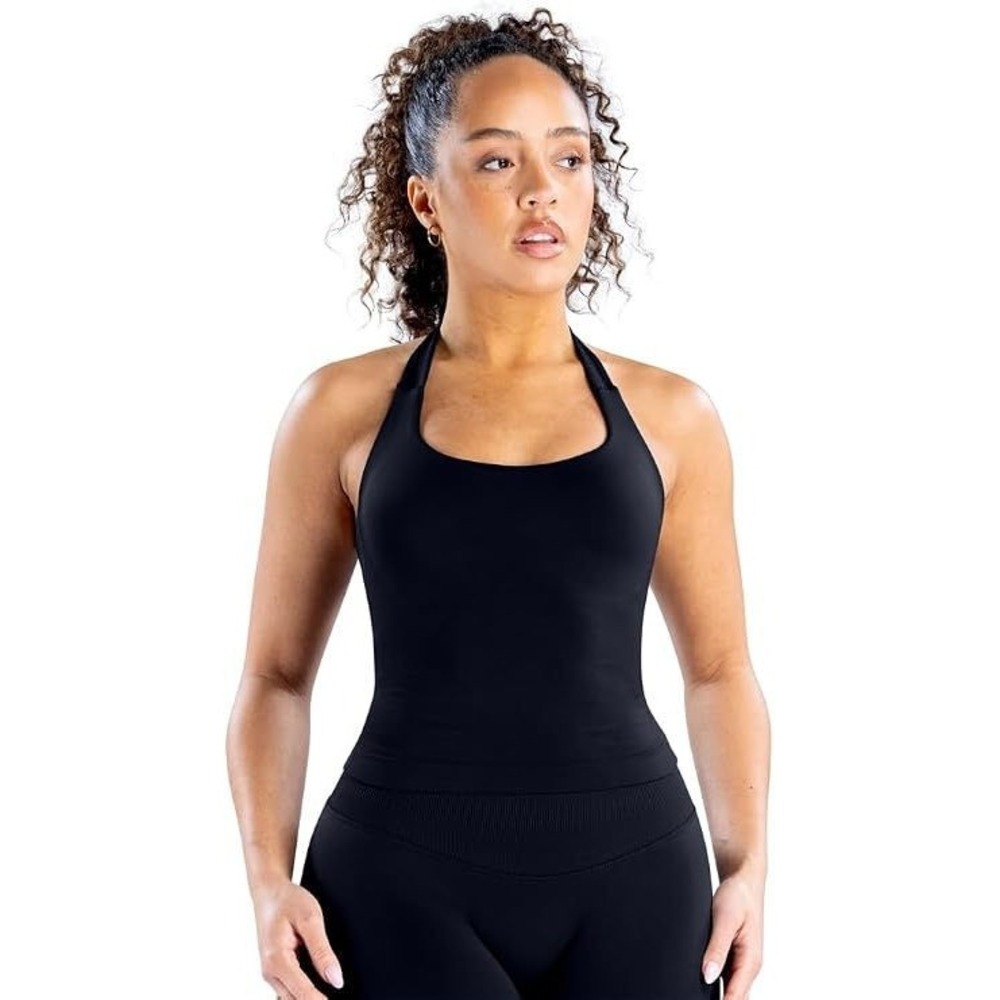 Tryto Women's Longline Impact Halter Tank Top w/ Built-in Bra - Black - Size M